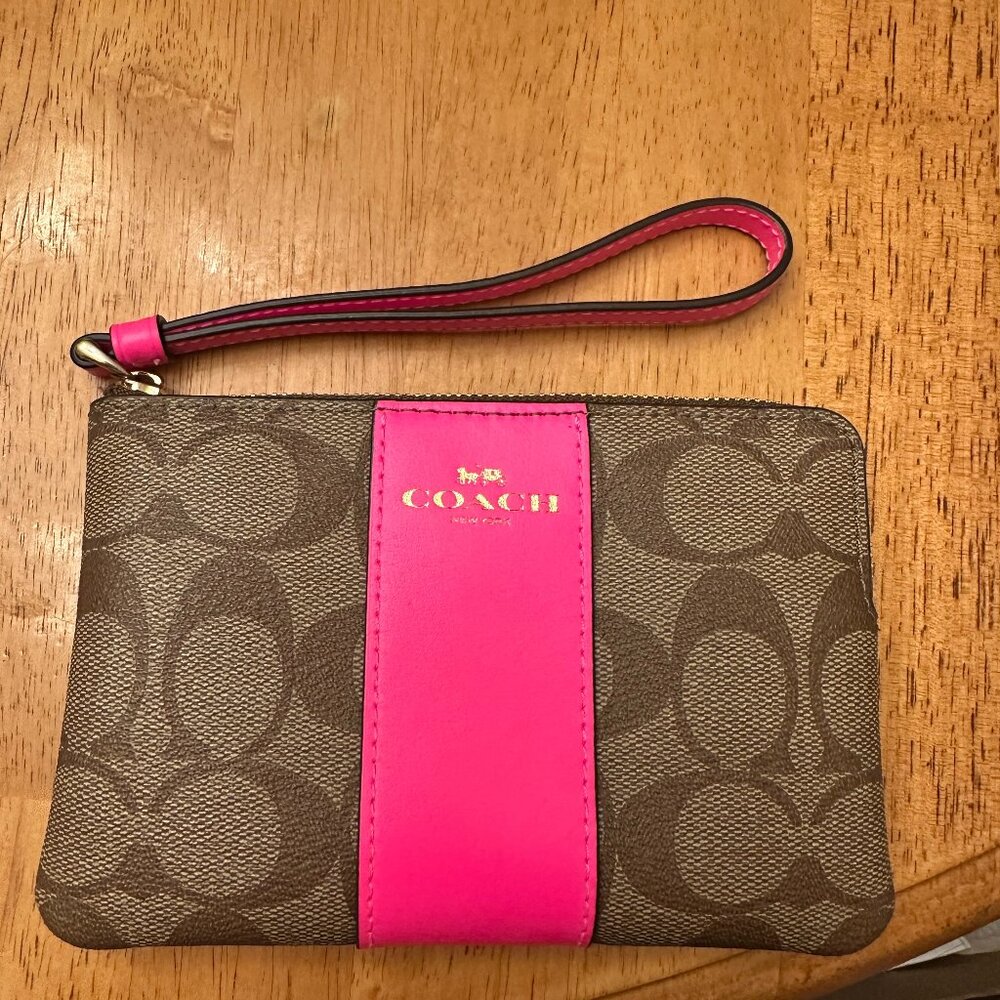 Coach Signature Coated Canvas & Hot Pink Leather Wristlet
